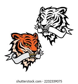 vector logo with an illustration of a very dashing and ferocious tiger head biting a blank paper for a text uniquely