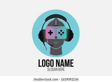 
vector logo illustration  video game players that use headphones and virtual reality flat cartoon style