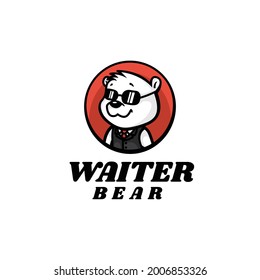 Vector Logo Illustration Waiter Bear Mascot Cartoon Style.