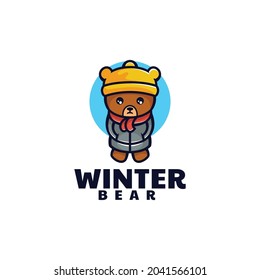 Vector Logo Illustration Winter Bear Mascot Cartoon Style.