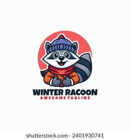 Vector Logo Illustration Winter Raccoon Mascot Cartoon Style.