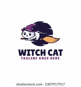 Vector Logo Illustration Witch Cat Mascot Cartoon Style.