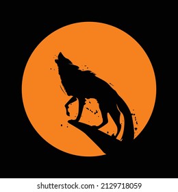 Vector logo illustration of a wolf roaring at full moon