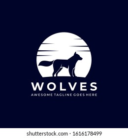 Vector Logo Illustration Wolves With Moon Silhouette Style