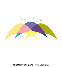 Ilustración del logotipo vectorial con palabras verano. Idea para la impresión de camisetas. Estrellas y colinas emblematizan colorido logotipo de dibujos animados.   Marca simple y discreta de cualquier empresa moderna. 