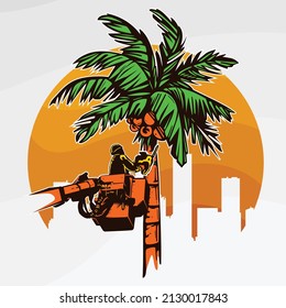Vector logo illustration of a worker cutting a palm