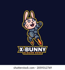 Vector Logo Illustration X Bunny Mascot Cartoon Style.