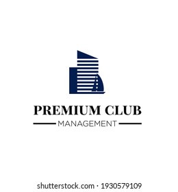 Vector logo illustration for yachting business or management. Icon with sailing yacht and skyscrapers