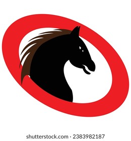 vector logo image of a black, brown-haired horse with a red circle