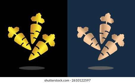 vector logo image of a carrot plant with leaves in a beautiful and attractive gold color on a black and dark blue background