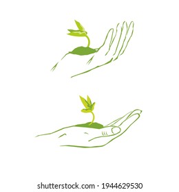 Vector logo with the image of a hand and a green sprout of a flower, tree, plant