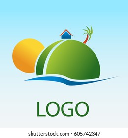 Vector logo with image of an island, yellow sun, house and palm trees on blue background.