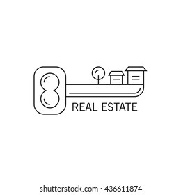 Vector logo with the image of keys and silhouettes of houses and tree. It can be used for a real estate agency, workshop for the production of keys. Made in trendy line style.