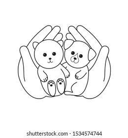 Vector logo with the image of puppy and kitten on the palms. Black and white animal badge, label for the store, veterinary clinic, hospital, shelter, business services, hotel for animals.