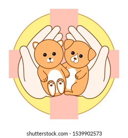 Vector logo with the image of puppy and kitten on the palms. Color animal badge, label for the store, veterinary clinic, hospital, shelter, business services.