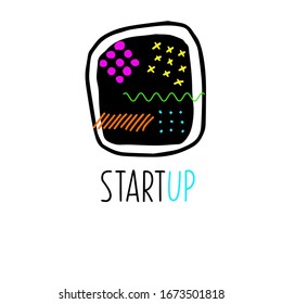 Vector logo image for start up projects. Black frame drawn by hand. On a black background multi-colored symbols of circles, dots, crosses, waves are depicted. Memphis style design. Game, kids, play.