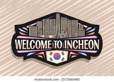 Vector logo for Incheon, dark decorative tag with draw illustration of urban lights incheon city scape on nighttime background, art design horizontal refrigerator magnet with words welcome to incheon