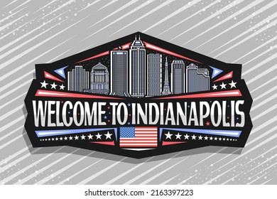 Vector logo for Indianapolis, black decorative label with outline illustration of famous indianapolis city scape on dusk sky background, design refrigerator magnet with words welcome to indianapolis