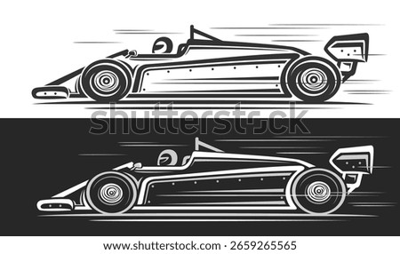 Vector logo for Indy Racing Car, automotive banner with monochrome hand draw illustration of indy concept car in motion, artwork clipart of running formula 1 car from 70s on black and white background