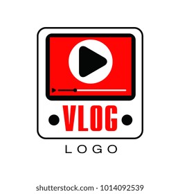 Vector logo for information video channel or vlog. Creative emblem with screen, play button and timeline. Live stream icon. Concept of web television or online broadcast