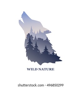 Vector logo with the inscription wildlife. Nature landscape with a wild wolf. Vector illustration.