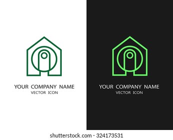 Vector logo for installing video surveillance and security systems, CCTV. The house with a video camera in a linear style.