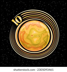 Vector logo for Io Moon, decorative fantasy print with rotating satellite io, stone surface with volcanoes and mountains, cosmo sign with unique lettering for orange text io on dark starry background