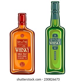 Vector logo for isolated brown glass bottle Scotch whisky and green glass bottles of scotch whisky, realistic on white background