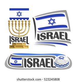 Vector logo Israel, 3 isolated images: vertical banner hanukkah menorah on background israeli national state flag, symbol israel emblem star of david, israelite ensign flags, jewish cap kippah or kipa