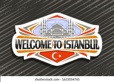 Vector logo for Istanbul, decorative cut paper sign with draw illustration of famous Sultanahmet Camii on sky background, tourist fridge magnet with words welcome to istanbul and stylized turkish flag