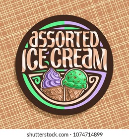Vector logo for italian Ice Cream, round dark label with purple sweet potato soft serve icecream in wafer cap, mint scoop ball sundae in waffle cone, original typeface for words assorted ice cream