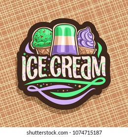 Vector logo of italian Ice Cream, dark label with scoop ball sundae in wafer cap, fruit striped popsicle on stick, soft serve icecream in waffle cone, original brush typeface for words ice cream.