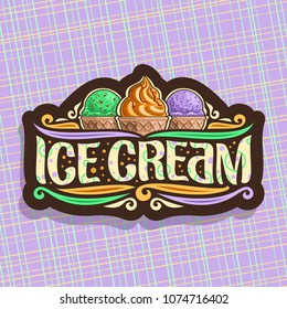 Vector logo of italian Ice Cream, dark signboard for cafe with green and purple sweet potato scoop balls icecream in wafer caps, soft serve sundae in waffle cone, original typeface for words ice cream