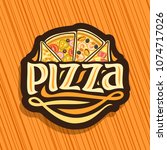 Vector logo for Italian Pizza, dark sign with 4 sliced pieces different kinds of pizza for pizzeria, original typeface for word pizza, design signboard for fast food restaurant on abstract background.