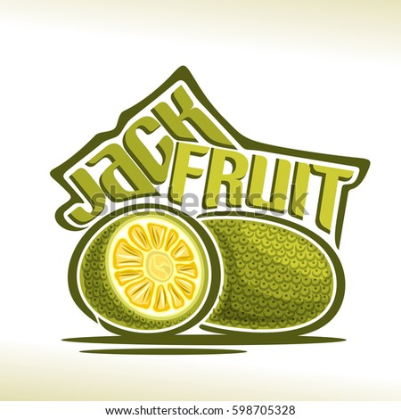 Vector logo Jackfruit Fruit: still life of 2 whole and cut half jackfruit, fresh thai exotic fruits chakka, abstract cartoon icon artocarpus heterophyllus with title text for label, isolated on white.