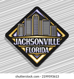 Vektorlogo für Jacksonville, schwarzes Hausbus-Straßenschild mit Liniengrafik urbaner Jacksonville-Stadtlandschaft auf dunklem Hintergrund, dekorativer Kühlschrankmagnet mit Worten Jacksonville, Florida