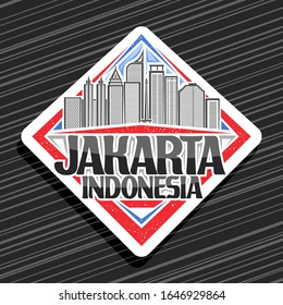 Vector logo for Jakarta, white decorative rhombus tag with line illustration of modern jakarta cityscape on sky background, design fridge magnet with creative letters for black words jakarta indonesia