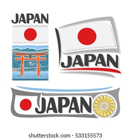 Vector logo Japan, 3 isolated images: banner torii gate in Miyajima on national state nipponese flag, symbol japanese architecture, chrysanthemum emblem-imperial seal of japan on nippon ensign flags.
