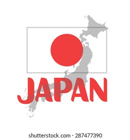 Vector logo of  Japan, composition of japanese national  state flag on background map outline of country of Japan with closeup red inscription