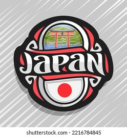 Vektorlogo für Japan, Kühlschrankmagnet mit japanischer Staatsflagge, Original-Pinseltypie für japanisches und nationales japanisches Symbol - schwimmendes Tor in Miyajima auf Berghintergrund