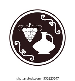 Vector logo with jug for wine and grapes. Simple flat icon with ancient pot and bunch of grapes isolated on white background. Label for winery