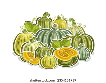 Vektorlogo für Kabocha, dekoratives horizontales Poster mit Cartoon-Design, grüner Kürbis vegetarischer Komposition, veganischer Druck mit Vielfalt, ganz und geschnittenes Stück süorange Kabocha auf weißem Hintergrund