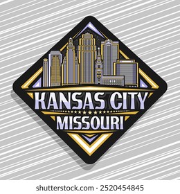 Logotipo de Vector para Kansas City, señal de tráfico decorativa oscura del rombo con la ilustración de la línea del paisaje urbano de los Estados Unidos, imán del refrigerador del diseño del arte con letras únicas para el texto Kansas City, Misuri