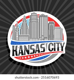 Logotipo vetorial para Kansas City, etiqueta decorativa branca com ilustração da paisagem urbana da cidade do missouri no fundo do céu do dia, desenho de arte do ímã do refrigerador com letras únicas para o texto preto da cidade do kansas