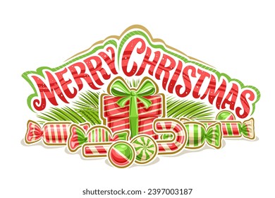 Vector logo for Kids Christmas, horizontal poster with outline illustration of gift box with green tied bow and christmas snacks still life composition, unique brush lettering for text merry christmas