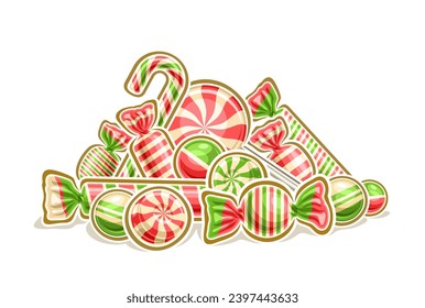 Vector logo for Kids Christmas, horizontal poster with cartoon design stack of various christmas candies, wrapping in shiny foil package, children christmas still life composition on white background