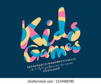 Vector Logo Kids Games. Font with Graphic Style. Colorful bright Alphabet Letters, Numbers and Symbols