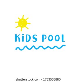 Logo vectorial de la piscina infantil. El texto Los niños agrupan en un fondo blanco. Ilustración con círculos alegres multicolores y olas dibujadas por símbolos de la mano del sol.