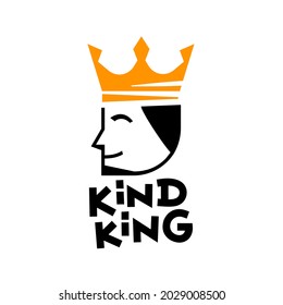 Vector Logo Kind King with Head of man with Crown on White Background. Line Art Style Design of Creative Logotype