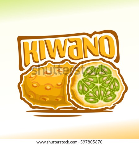 Vector logo Kiwano Fruit: still life of 2 yellow fresh kiwano, cut half exotic fruit with green seeds, abstract icon horned melon or sweet african cucumber with title text for label, isolated on white